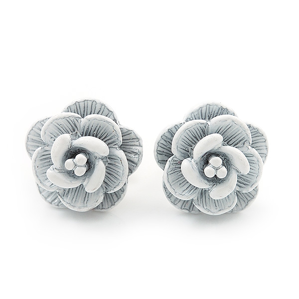 Tiny White 'Rose' Stud Earrings In Silver Tone Metal - 10mm Diameter - main view