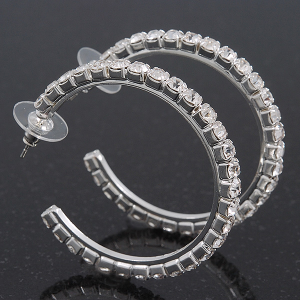 Medium Classic Austrian Crystal Hoop Earrings In Rhodium Plating - 4.5cm D - main view