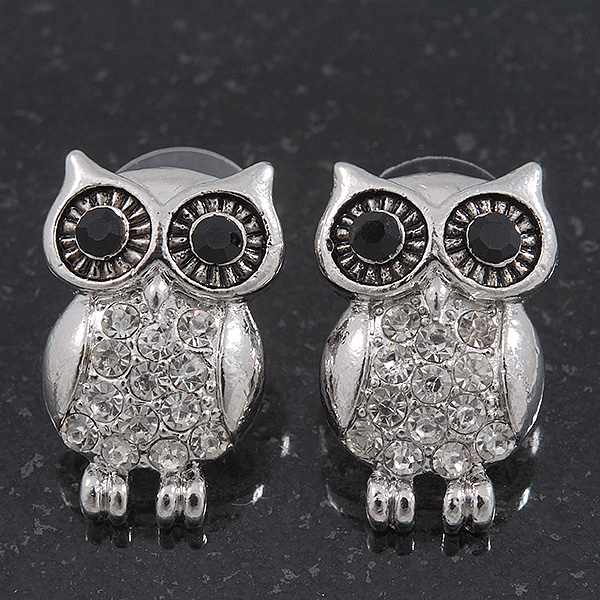 Funky Crystal 'Owl' Stud Earrings In Silver Plating - 22mm Length - main view