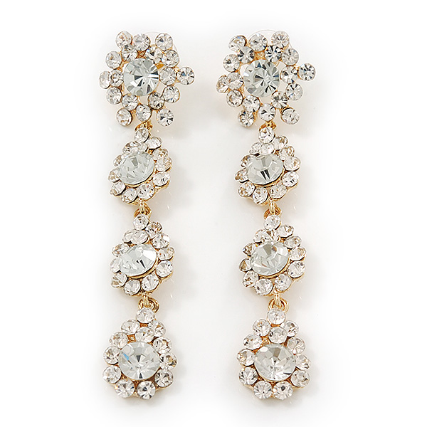 Long Bridal Crystal Floral Drop Earrings - 8.5cm Length - main view