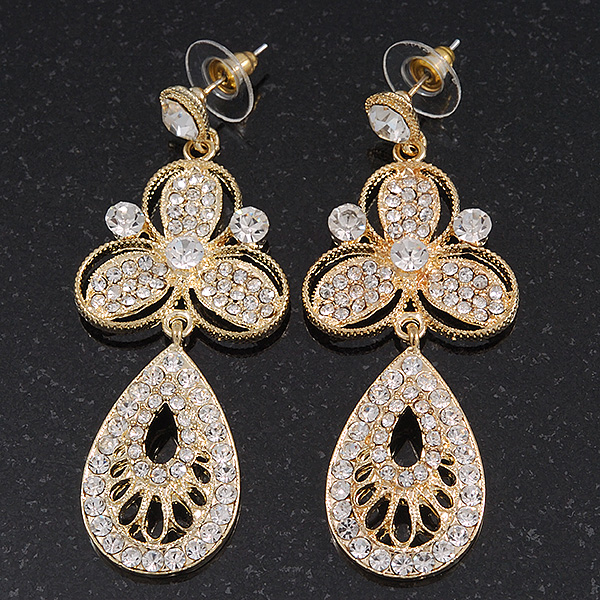 Stunning Crystal Filigree Drop Earring In Gold Plating - 6.5cm Length - main view