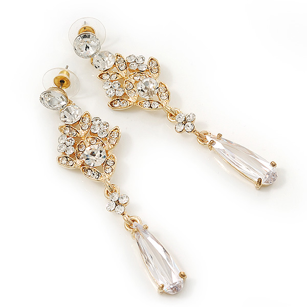 Bridal Clear Cz Chandelier Drop Earring In Gold Plating - 8cm Length - main view