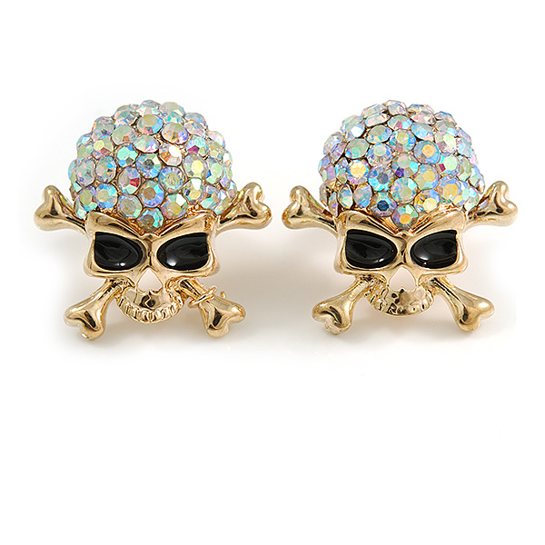 AB Crystal Skull & Crossbones Stud Earrings In Gold Tone - 20mm Tall - main view