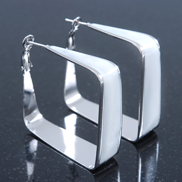 Contemporary Square White Enamel Hoop Earrings In Rhodium Plating - 50mm Width - main view