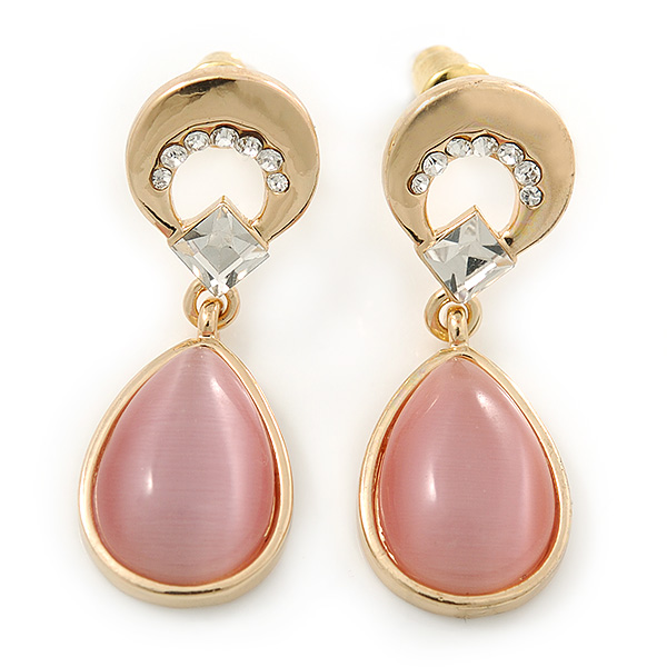 Pink Cat Eye Teardrop Earrings In Gold Plating - 33mm Length - main view