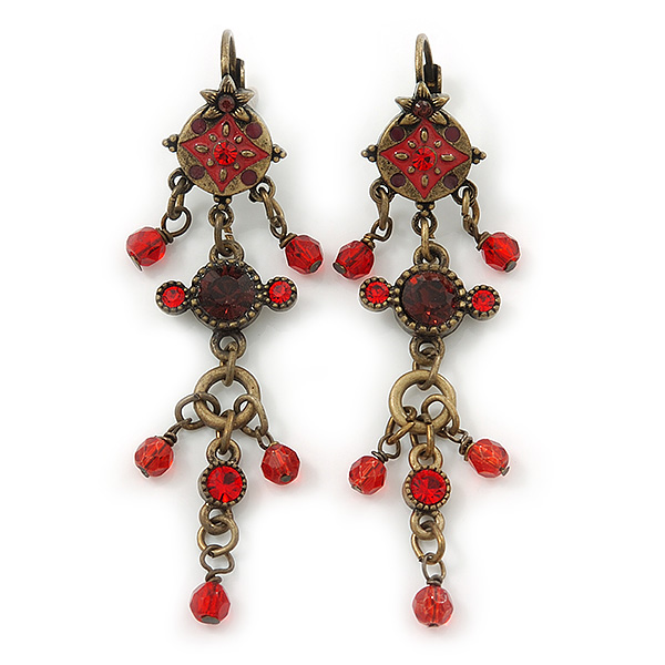 Vintage Inspired Red Enamel, Crystal, Bead Drop Earrings With Leverback Closure In Bronze Tone Metal - 65mm Length - main view