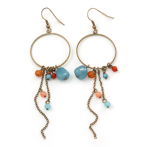 Antique Gold Semiprecious Bead, Chain Hoop Earrings - 12cm Length - main view