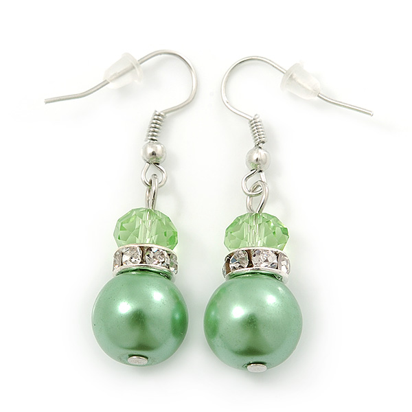 Lime Green Simulated Glass Pearl, Crystal Drop Earrings In Rhodium Plating - 40mm Length - main view