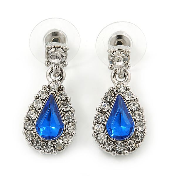 Small Blue, Clear Crystal Teardrop Earrings In Rhodium Plating - 25mm Length - main view