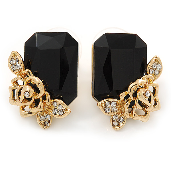 Black Square Glass with Rose Motif Stud Earrings In Gold Plating - 25mm L - main view