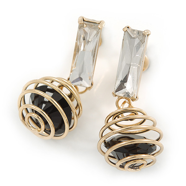 Gold Tone Wire Ball with Black Crystal Drop Earrings - 35mm L - main view