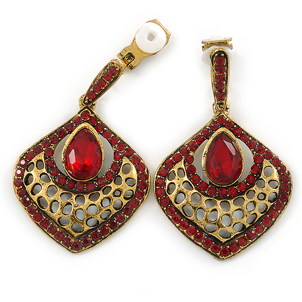 Vintage Inspired Ruby Red Crystal Teardrop Clip On Earrings In Antique Gold Tone - 40mm L - main view