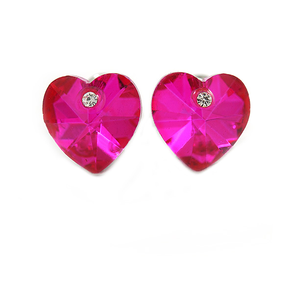 Small Fuchsia Pink Glass Heart Stud Earrings In Silver Tone - 10mm Tall - main view