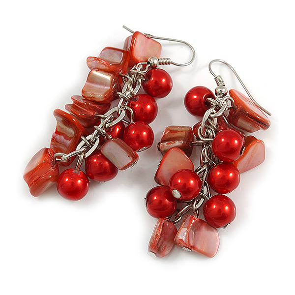 Red Glass Bead, Shell Nugget Cluster Dangle/ Drop Earrings In Silver Tone - 60mm Long - main view