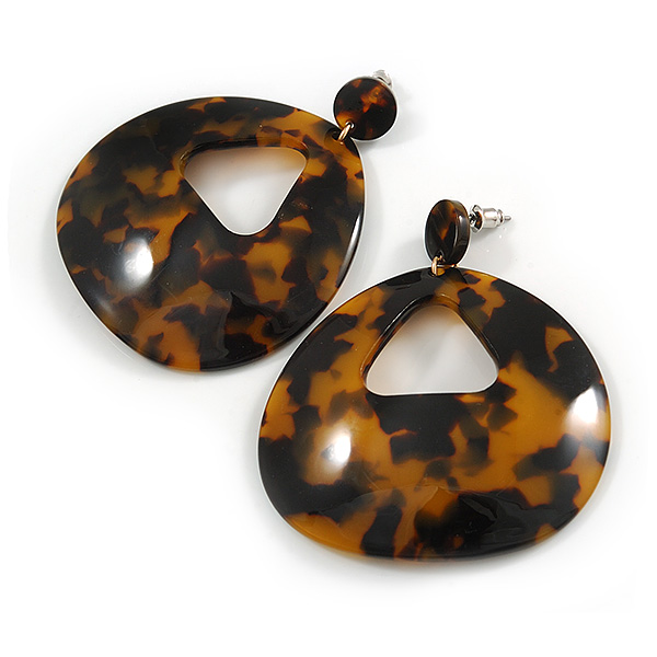 Large Oval Tortoise Shell Effect Brown/ Black Acrylic/ Resin Drop Earrings - 70mm Long - main view