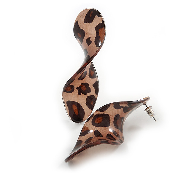 Trendy Twisted Leaf Acrylic Drop Earrings with Animal Print (Brown) - 65mm Long - main view
