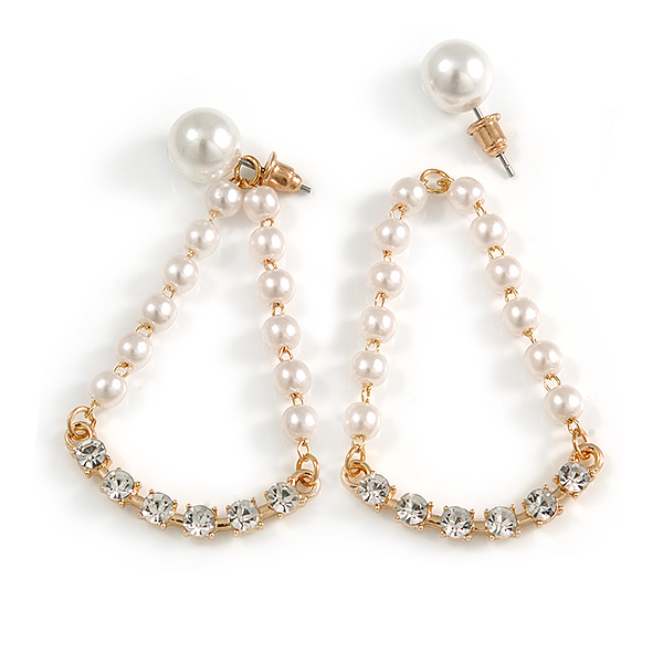 White Faux Pearl Clear Crystal Transformer Drop/ Stud Earrings In Gold Tone - 50mm Long/ 9mm Stud Bead - main view