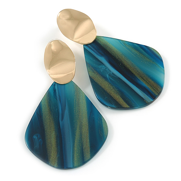 Trendy Stripy Acrylic Teardrop Earrings In Gold Tone (Teal/ Blue/ Glitter Gold) - 75mm Long - main view