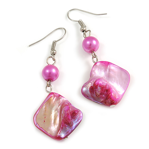 Fuchsia Shell Bead Drop Earrings In Silver Tone - 60mm Long - main view