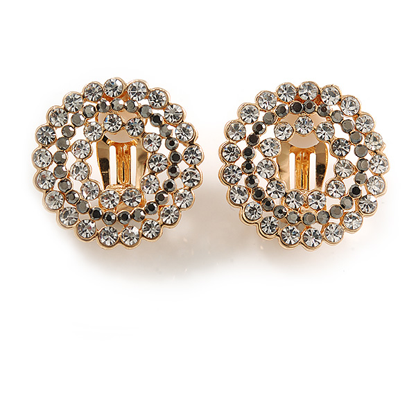 Clear and Hematite Crystal Wreath Clip On Earrings In Gold Tone - 22mm Diameter - main view
