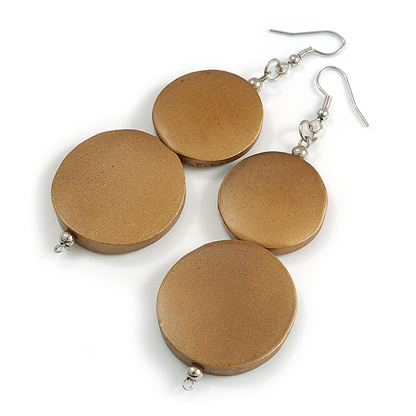 Long Gold Bronze Painted Double Round Wood Bead Drop Earrings - 8cm L - main view