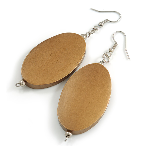 Gold Bronze Painted Wood Oval Drop Earrings - 70mm L - main view