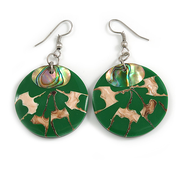 50mm L/Green/Natural/Abalone Round Shape Sea Shell Earrings/Handmade/ Slight Variation In Colour/Natural Irregularities - main view