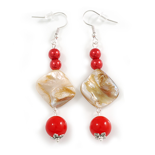 Antique White Shell Red Glass Bead Drop Earrings - 70mm L - main view