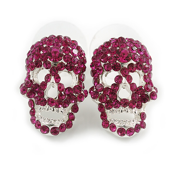 Fuchsia Crystal Skull Stud Earrings In Silver Tone - 20mm Tall - main view