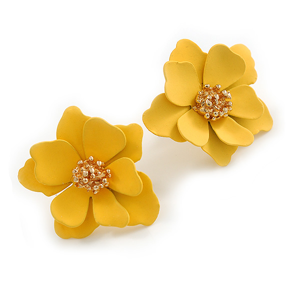 Matte Yellow Layered Daisy Flower Stud Earrings in Gold Tone - 25mm Across - main view