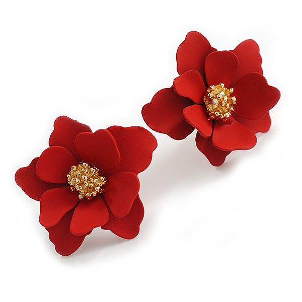 Matte Red Layered Daisy Flower Stud Earrings in Gold Tone - 25mm Across - main view