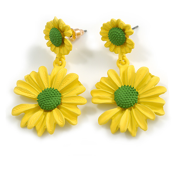 Matt Yellow/Green Daisy Flower Drop Earrings - 40mm L - main view