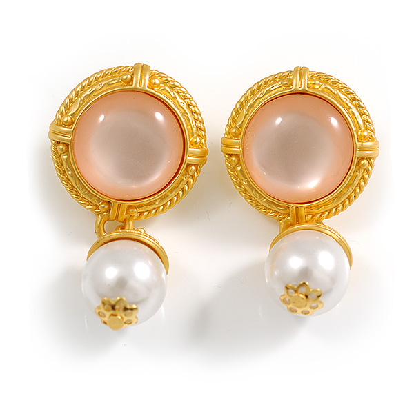 Round Pink Acrylic Bead Button White Faux Pearl Drop Earrings in Bright Gold Tone - 45mm Long - main view