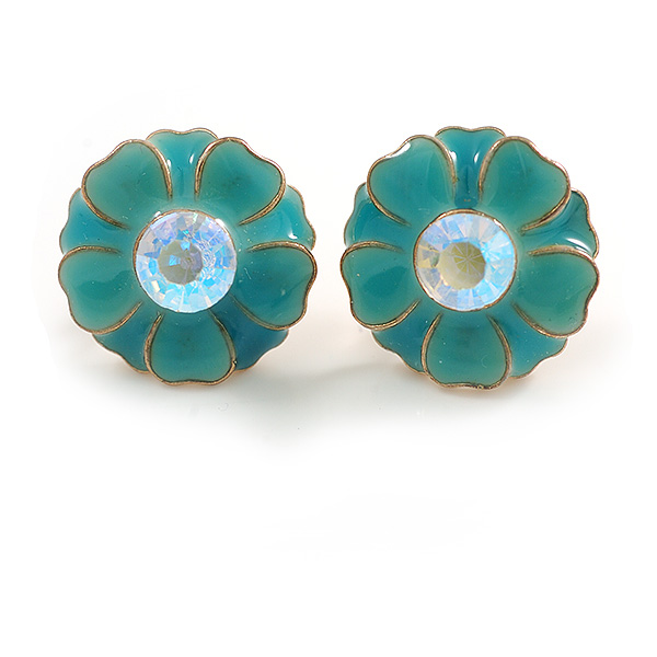 15mm D/ Teal Green Enamel Flower Stud Earrings in Gold Tone - main view