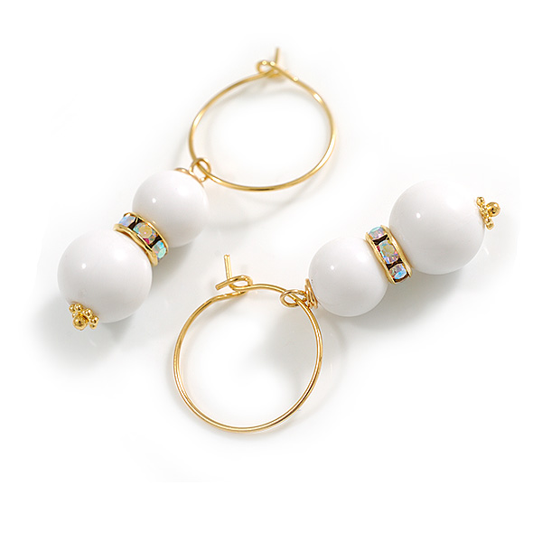 20mm D/ Small Gold Tone Hoop Earrings with White Acrylic Bead Dangle - 45mm Total Drop - main view