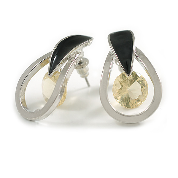 Teardrop with Yellow Crystal with Black Enamel Detailing Stud Earrings In Silver Tone - 30mm L - main view