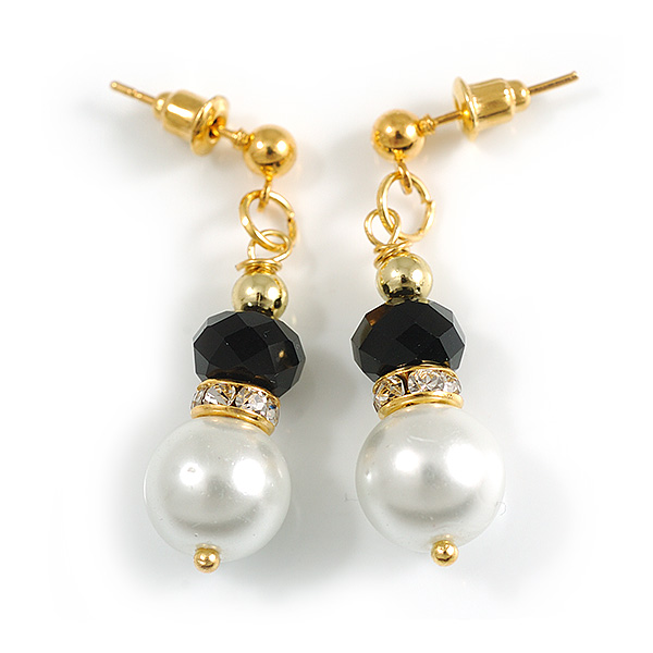 White/Black Bead with Crystal Ring Drop Earrings in Gold Tone - 35mm Long - main view