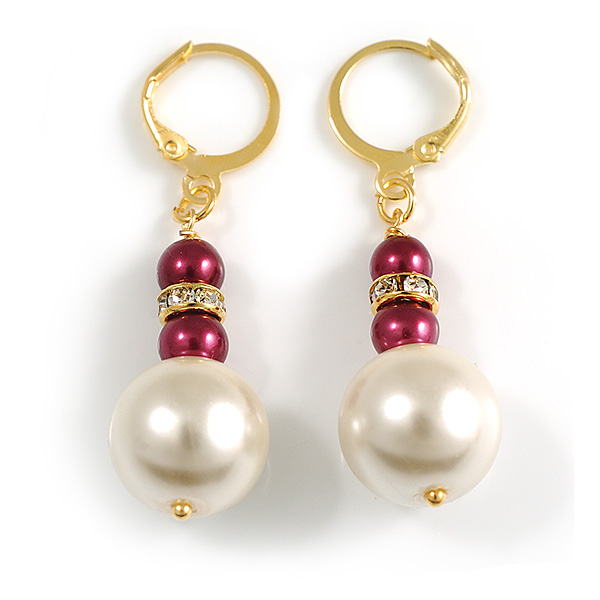 Cream/Raspberry Acrylic Bead with Crystal Ring Drop Earrings in Gold Tone - 45mm Long - main view