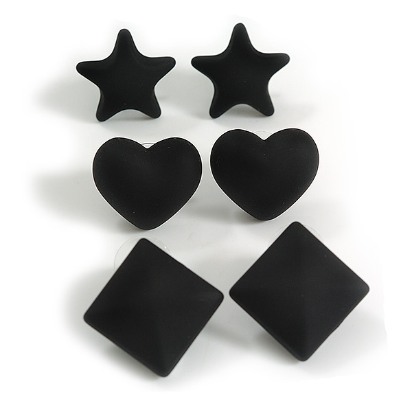 Star/Heart/Diamond Shaped Black Matte Acrylic Stud Earrings - Set Of 3 Pairs - main view