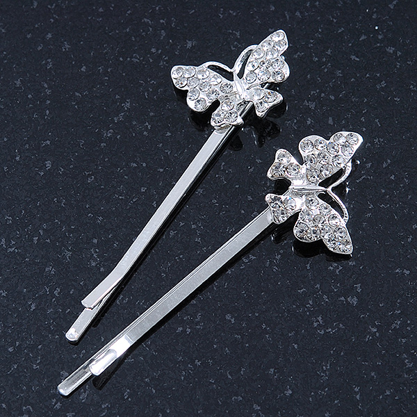 2 Rhodium Plated Clear Crystal Butterfly Hair Grips/ Slides - 55mm Across - main view