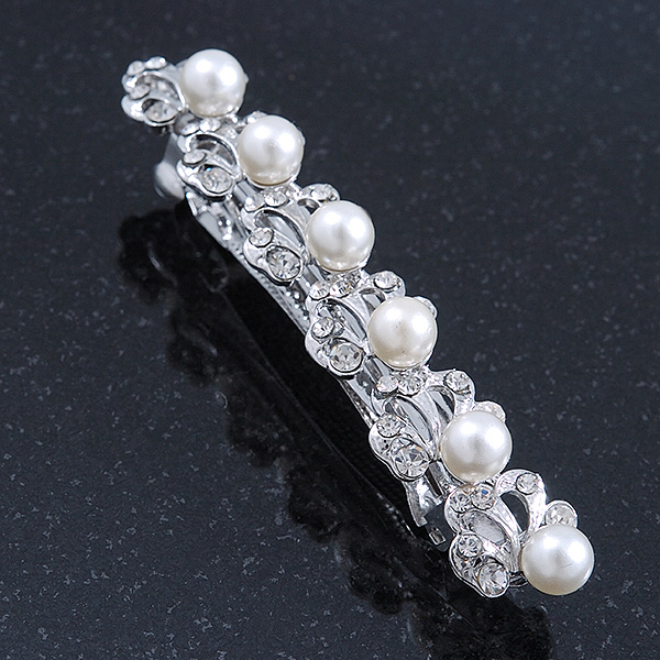 Bridal Wedding Prom Silver Tone Crystal Diamante & Simulated Pearl Barrette Hair Clip Grip - 85mm Width - main view