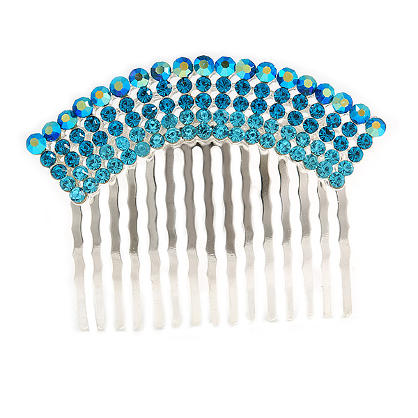 Rhodium Plated Blue/AB Gradient Swarovski Crystal Hair Comb - 60mm - main view