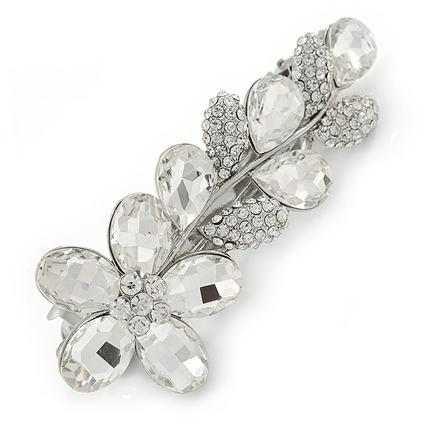 Bridal Wedding Prom Rhodium Plated Clear Austrian Crystal Floral Barrette Hair Clip Grip - 85mm Across - main view