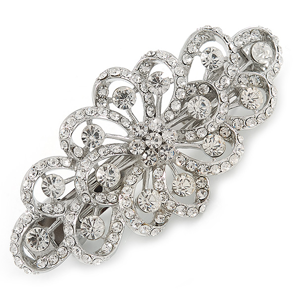 Bridal Wedding Prom Silver Tone Filigree Diamante Floral Barrette Hair Clip Grip - 80mm Across - main view