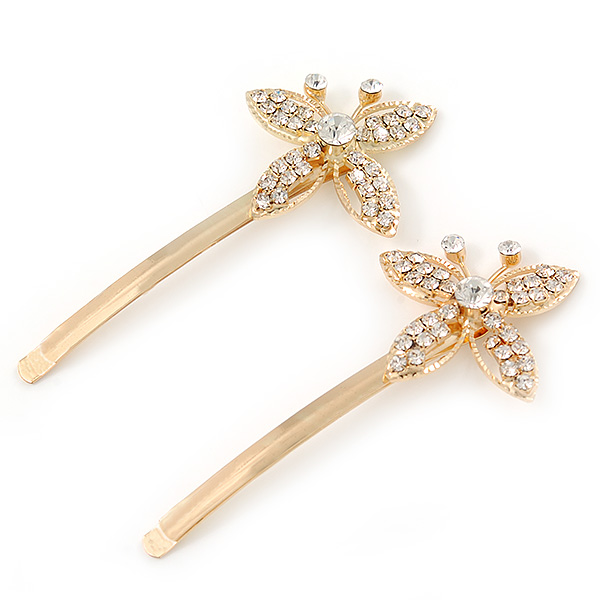 2 Bridal/ Prom Crystal Butterfly Hair Grips/ Slides In Gold Plating - 70mm Across - main view