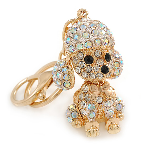 AB Crystal Puppy Poodle Dog Keyring/ Bag Charm In Gold Tone Metal - 10cm L - main view