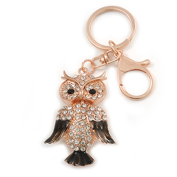 Gold Tone Clear Crystal, Brown Enamel Owl Keyring/ Bag Charm - 11cm Long - main view