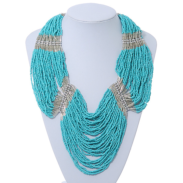 Chunky Turquoise & Transparent Coloured Glass Bead Bib Necklace In Silver Plating - 52cm Length/ 9cm Extension - main view