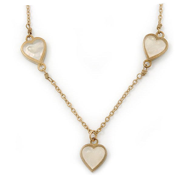 Romantic Mother of Pearl Triple Heart Necklace In Gold Plating - 38cm Length/ 7cm Extension - main view