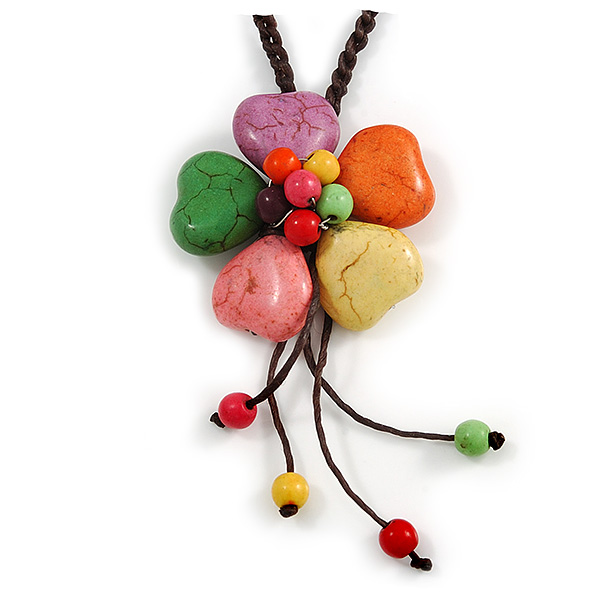 Multicoloured Ceramic Flower Pendant With Long Brown Cotton Cord - 60cm L - main view